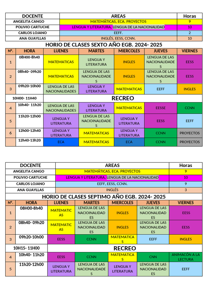 Horario Clases EGB 2024-2025 | PDF | Idiomas del Reino Unido