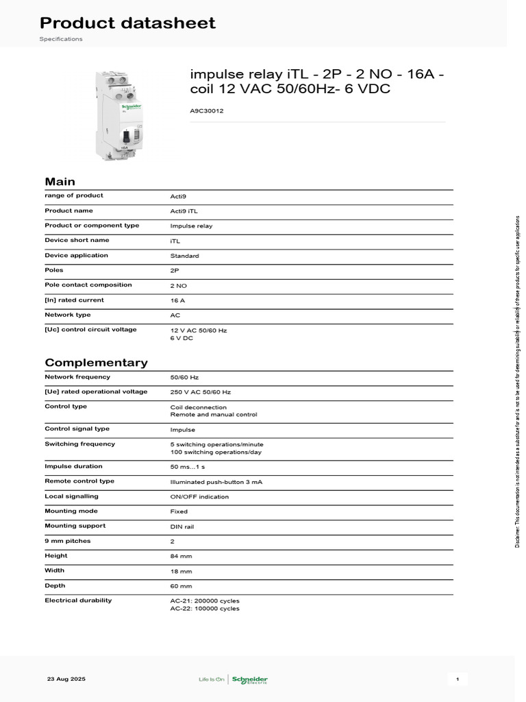 Acti9 iTL Impulse Relay 16A Specifications | PDF | Alternating Current ...