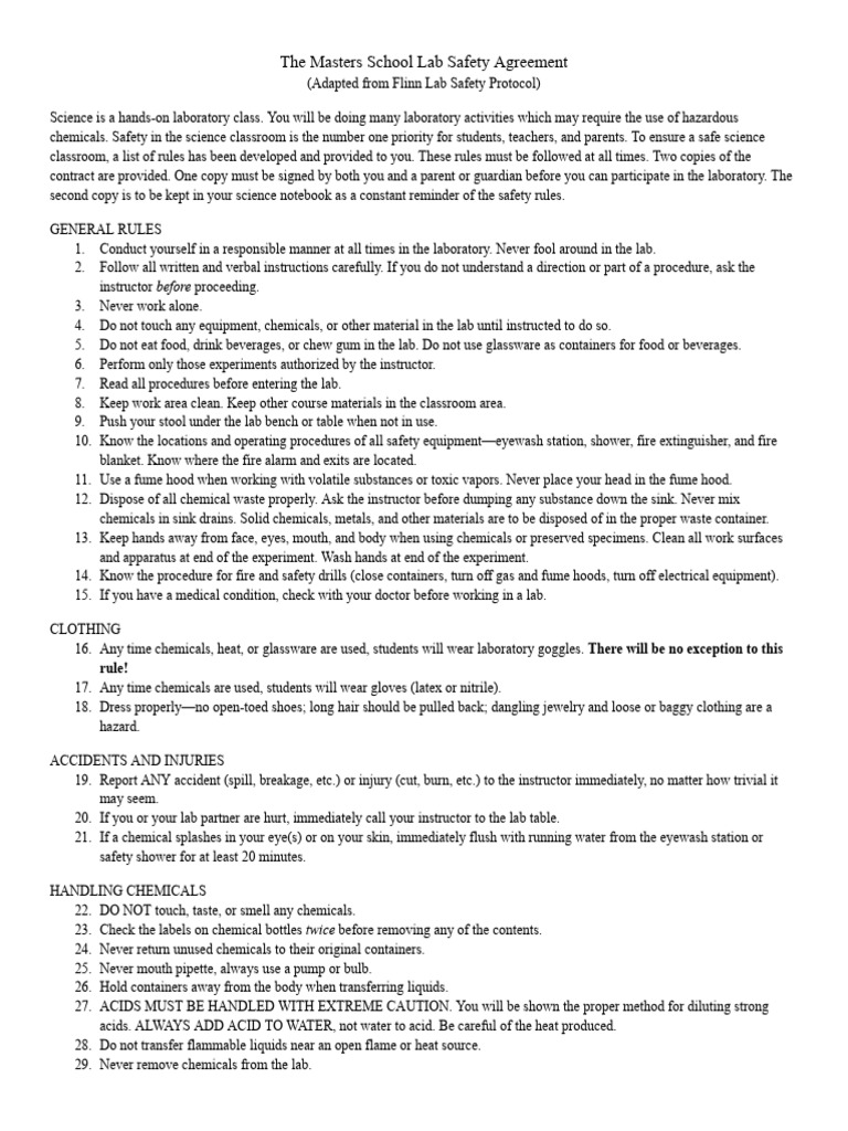 Masters School Lab Safety Agreement | PDF | Laboratories
