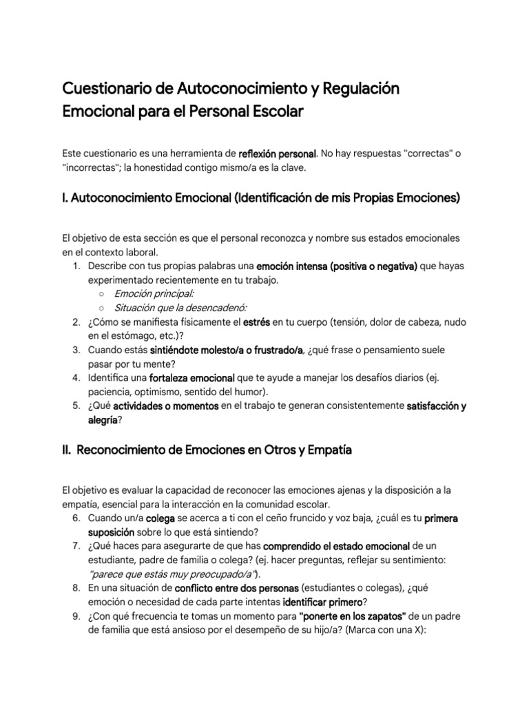 Cuestionario de Autoconocimiento Emocional | PDF | Las emociones ...