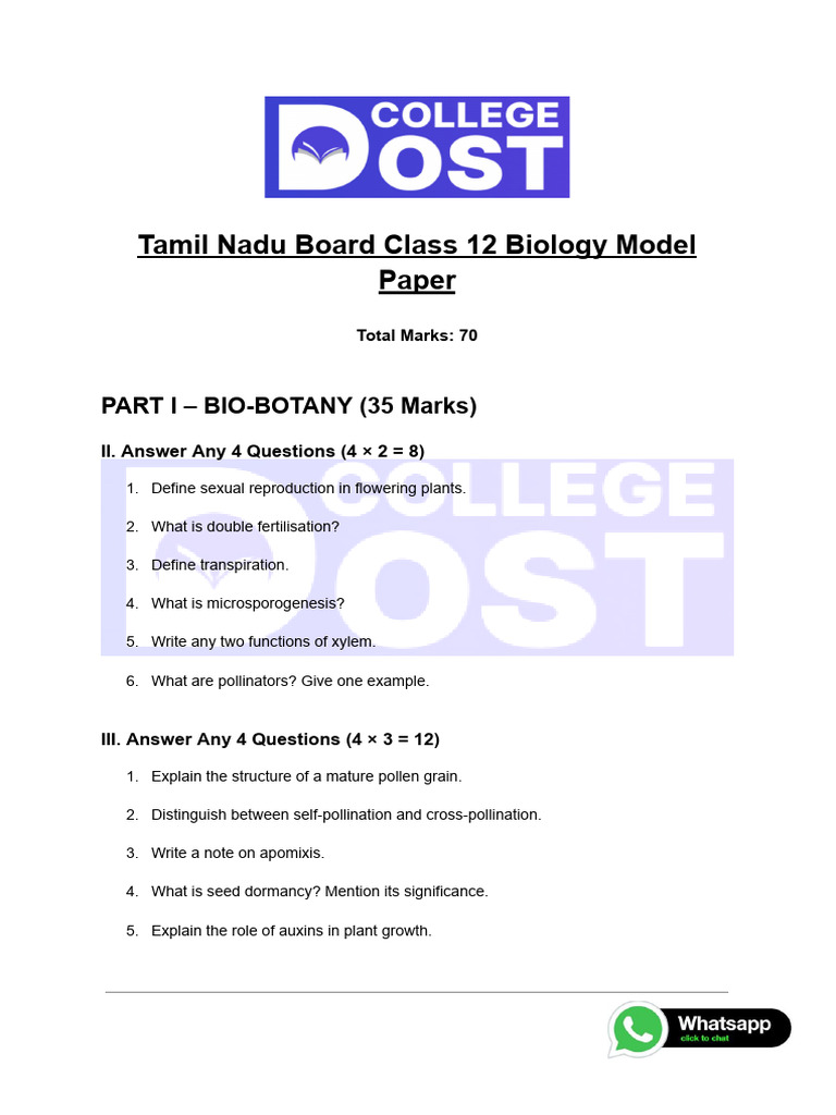 Tamil Nadu Board Class 12 Biology Model Paper | PDF