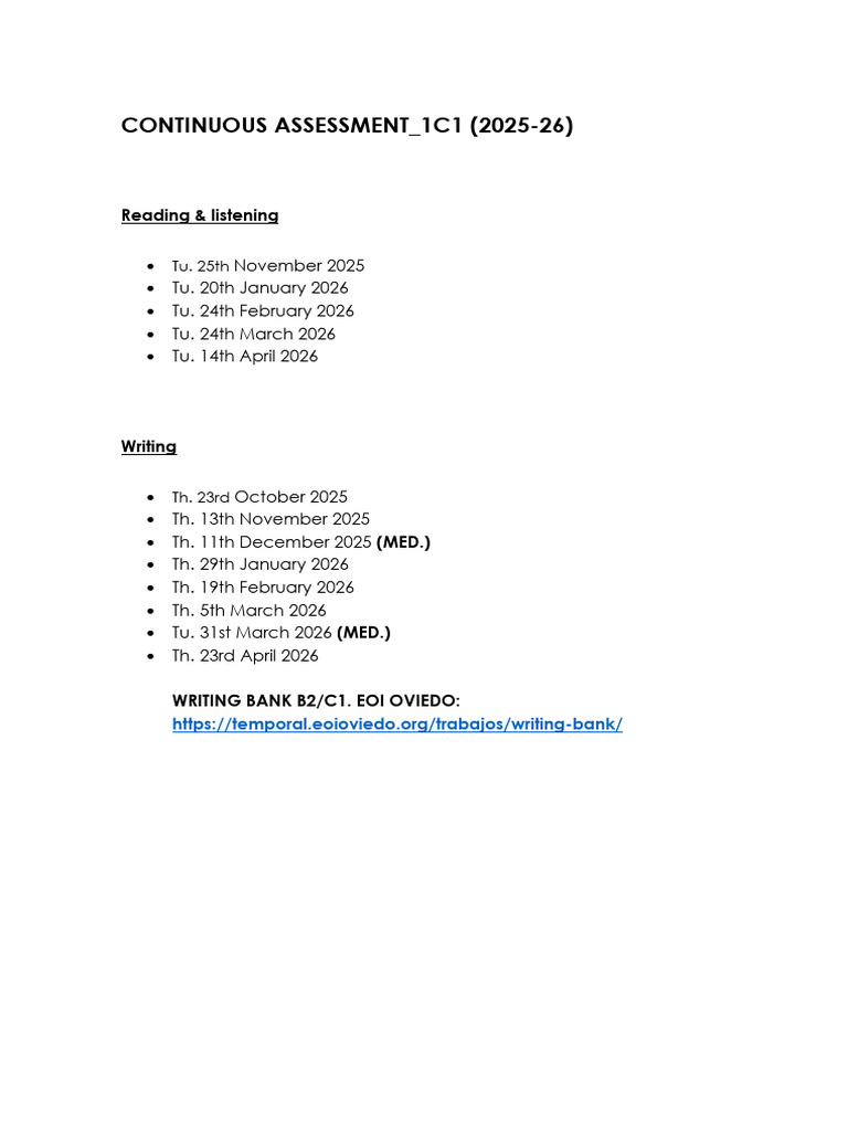 Continuous Assessment Schedule 2025-26 | PDF