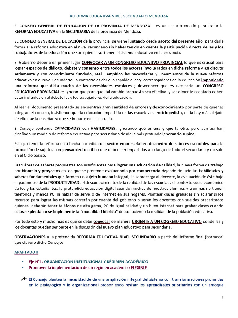 Análisis de La Reforma Educativa Nivel Secundario Mendoza | PDF ...