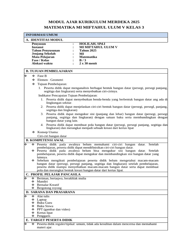 Modul Ajar Matematika Kelas 3 MI 2025 | PDF