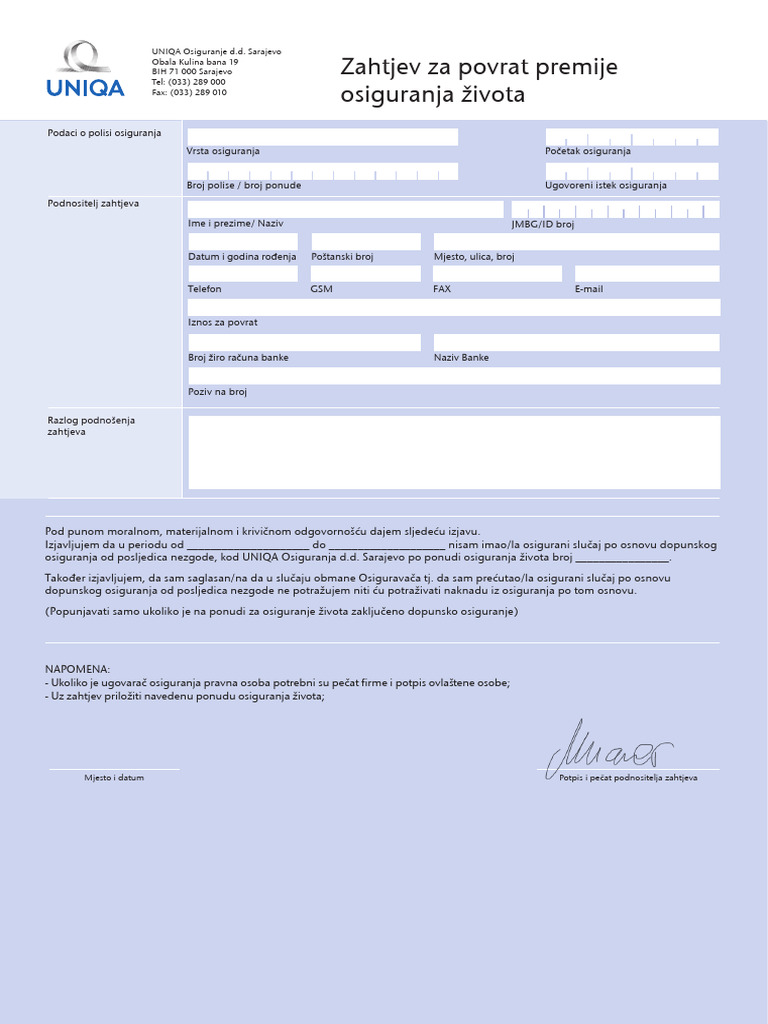 Zahtjev Za Povrat Premije Osiguranja Zivota | PDF