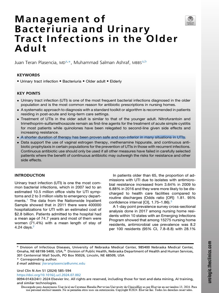 Management of Bacteriuria and Urinary Tract Infections in the Older ...