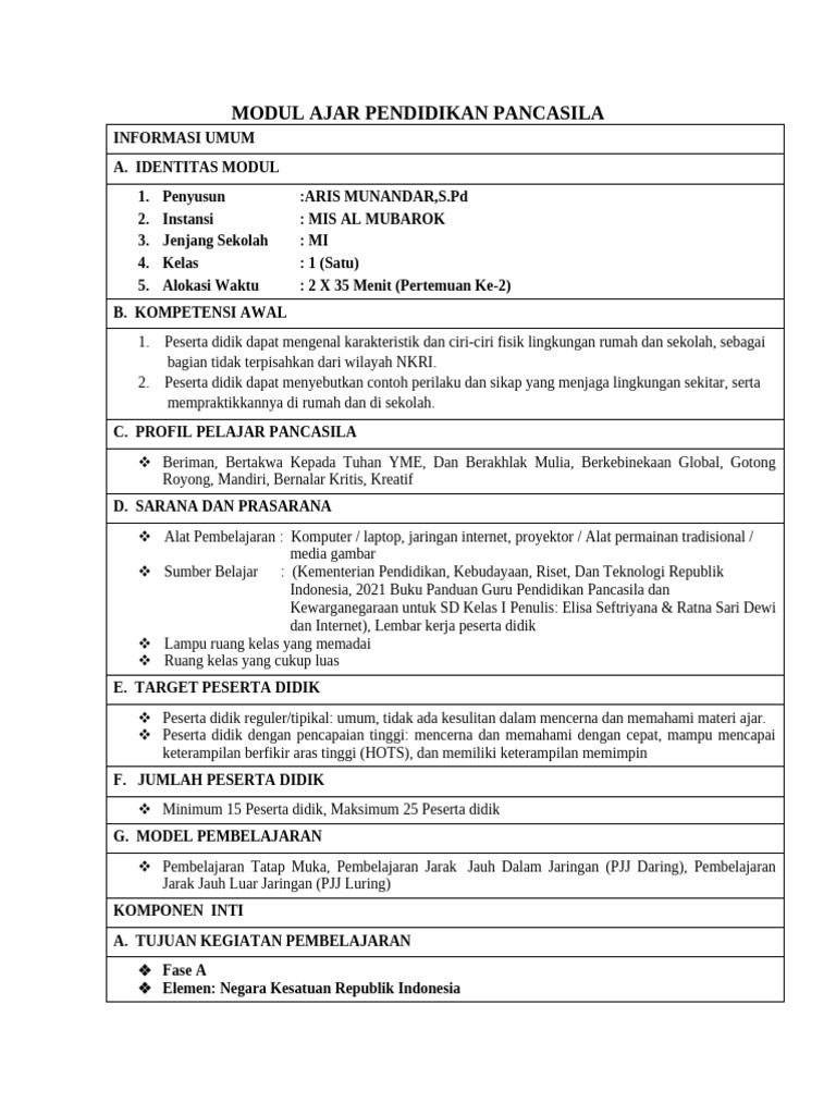 Modul Ajar Pancasila Kelas 1 MI | PDF