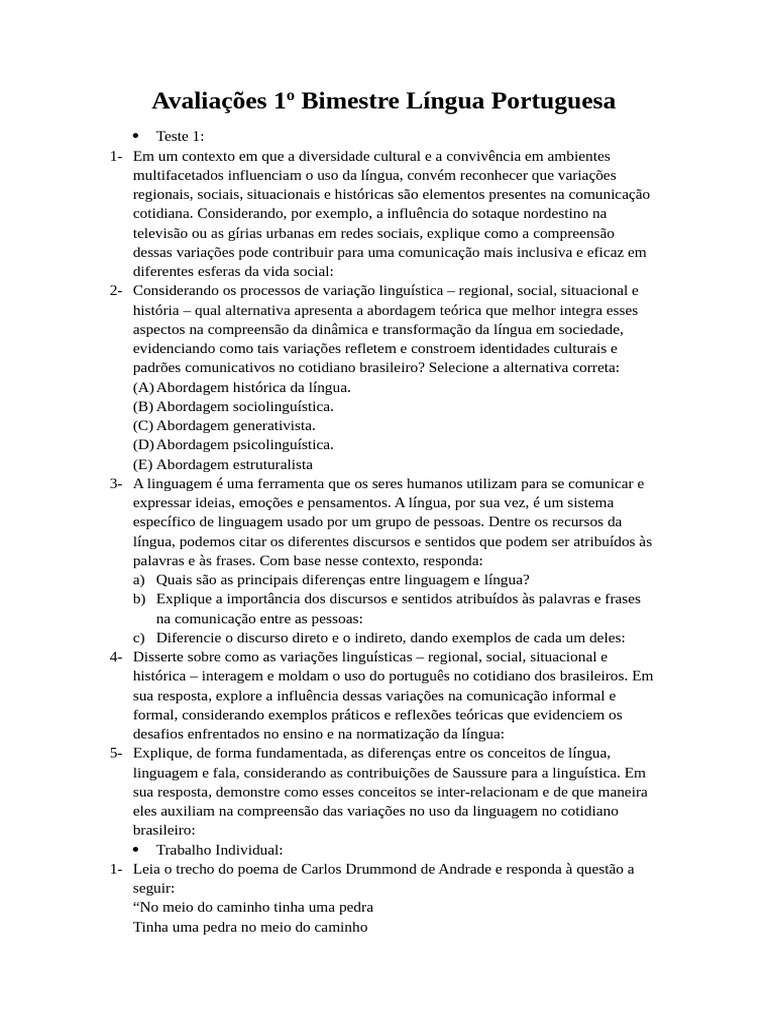 Avaliações de Língua Portuguesa 1º Bimestre | PDF | Comunicação ...