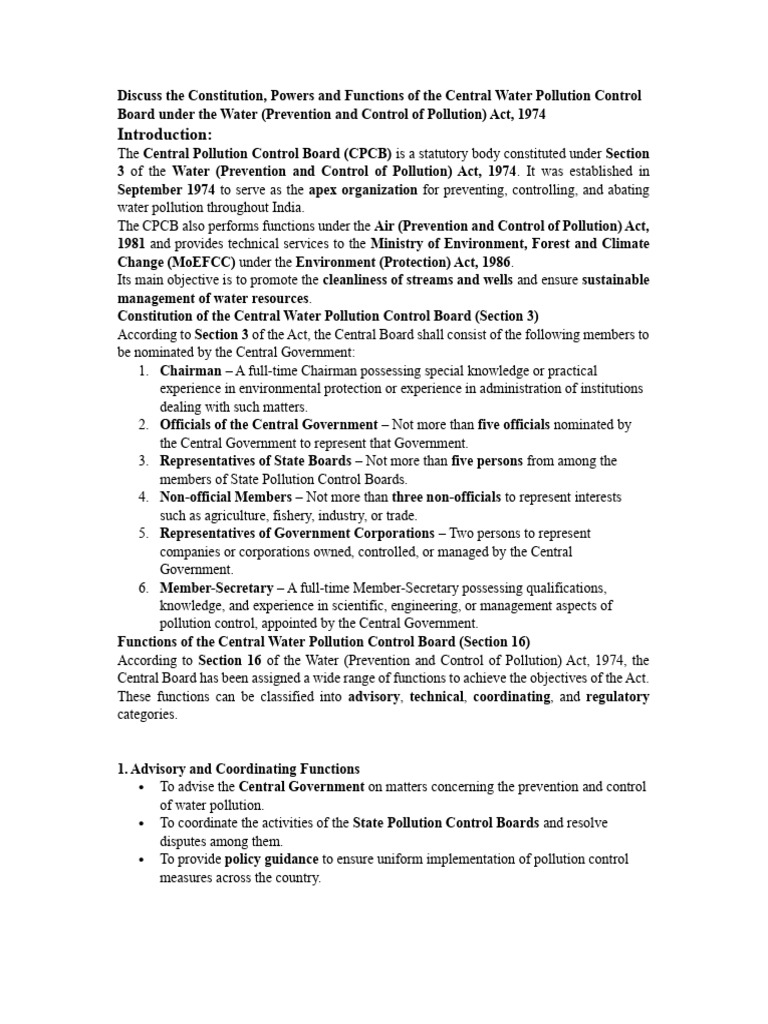 Constitution, Powers and Functions of the Central Water Pollution ...
