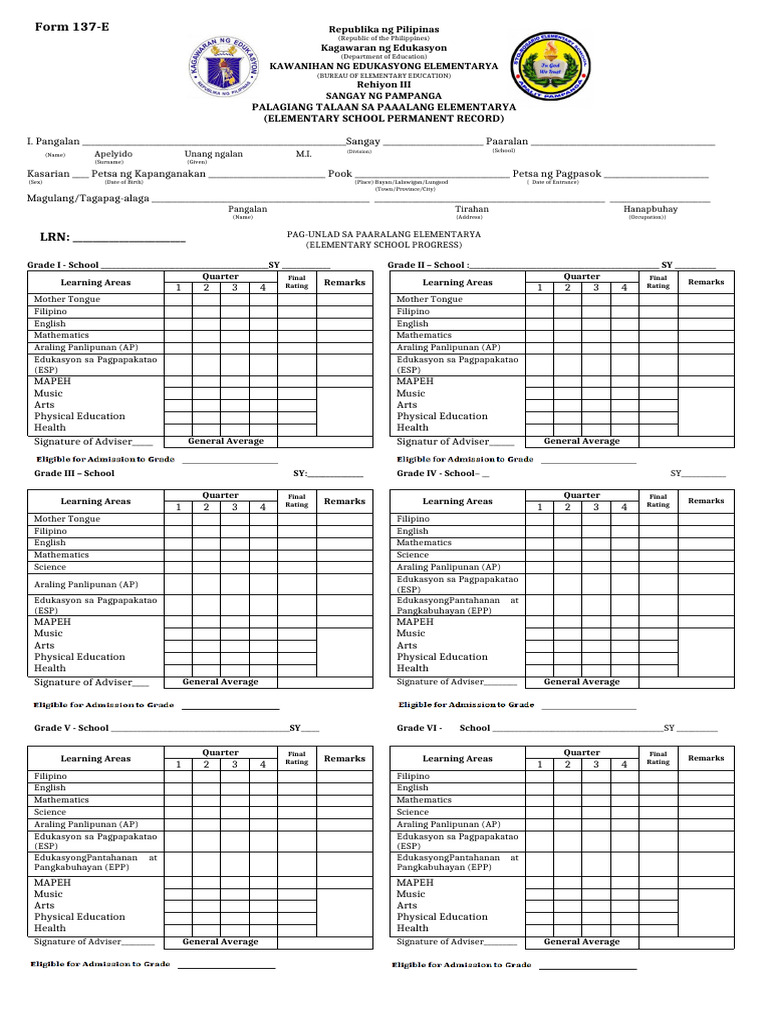 Elementary School Permanent Record Form | PDF