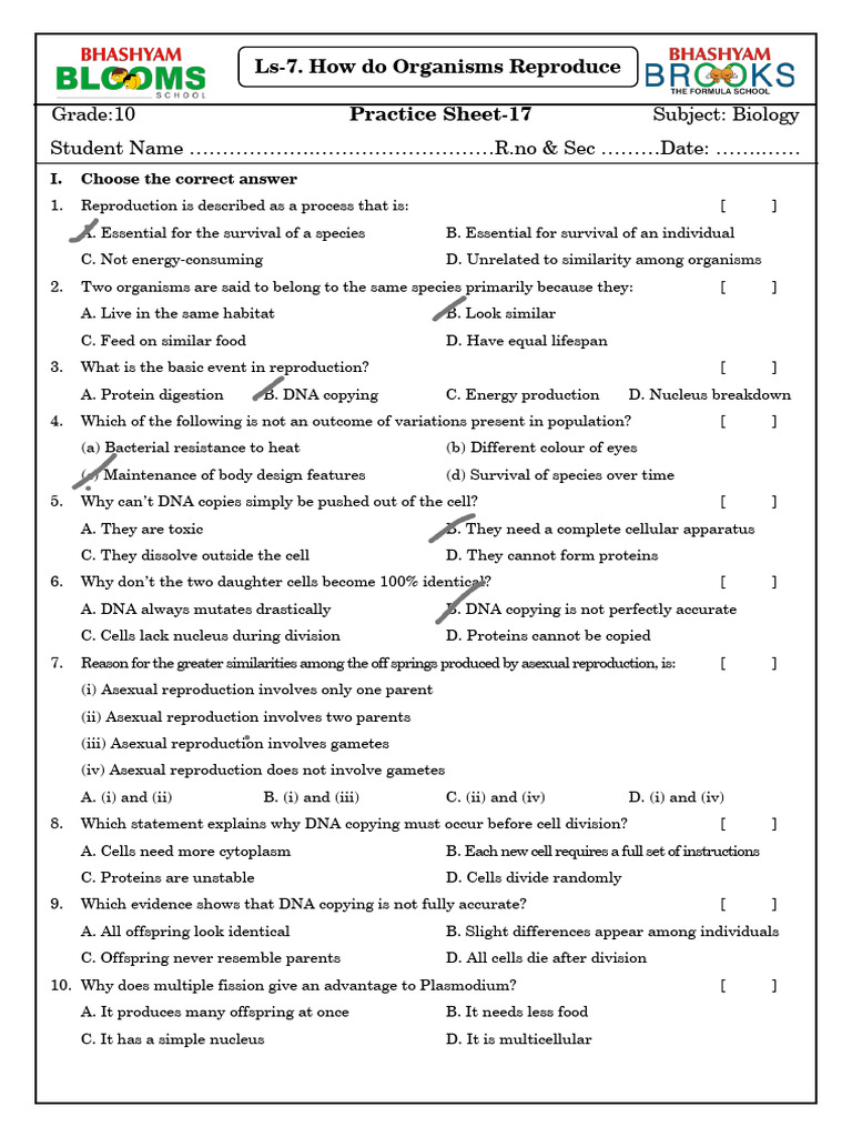 Grade 10 Biology Reproduction Practice Sheet | PDF | Reproduction ...