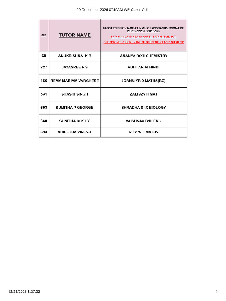 Student Batch and One-on-One Details | PDF