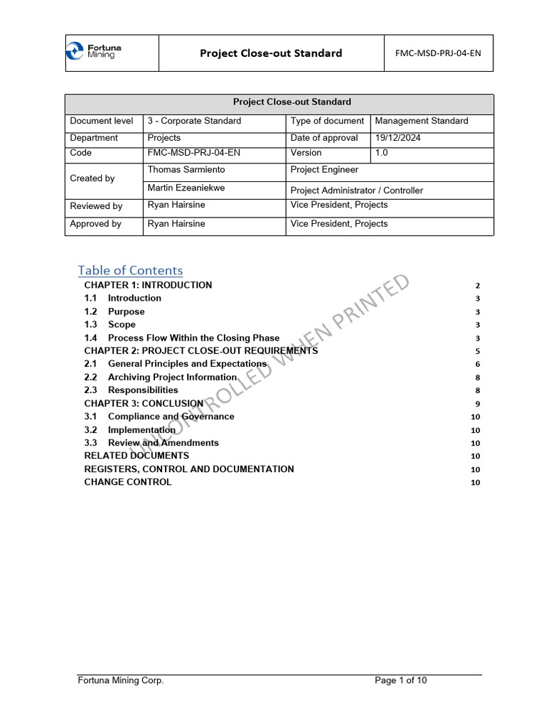 FMC MSD PRJ 04 en Project Close Out Standard v1 | PDF | Surety | Business