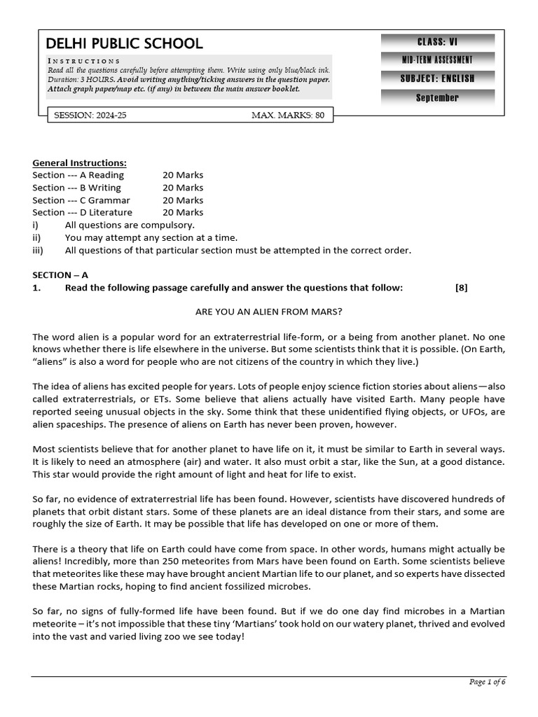 1725640867321_Sample_QP_MT_VI_ENG_202425 | PDF | Extraterrestrial Life ...