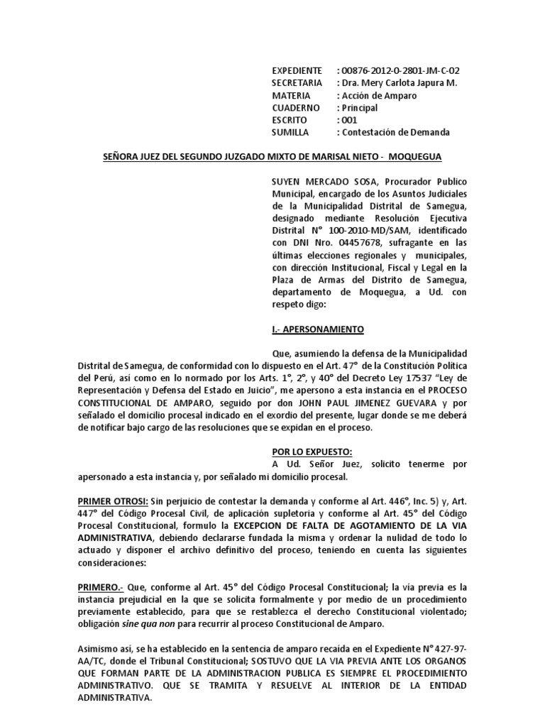 Contestacion Accion de Amparo | PDF | Demanda judicial | Ley procesal