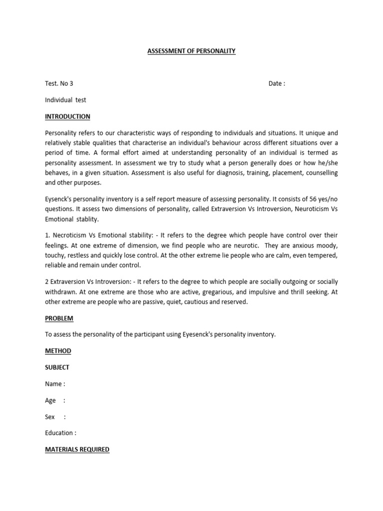 Eysenck Personality Assessment Guide | PDF | Extraversion And ...