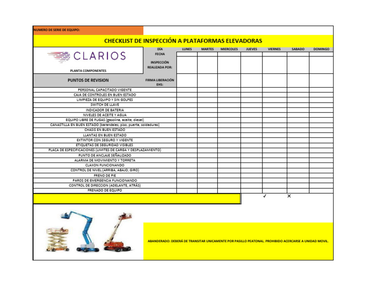 Checklist Inspeccion de Plataformas de Elevacion | PDF