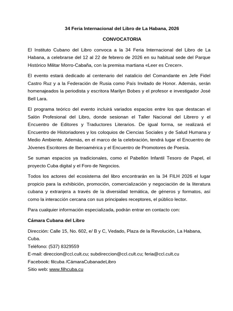 Convocatoria 34 Feria del Libro La Habana 2026 | PDF