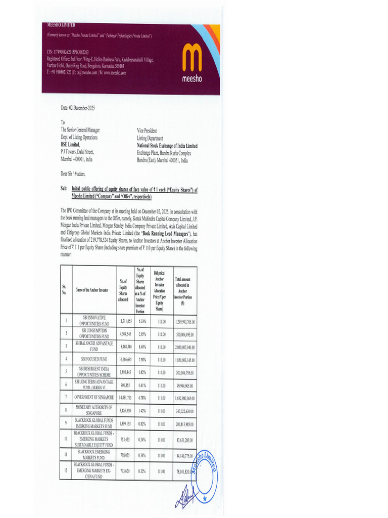 Meesho Ipo Anchor Allocation Letter | PDF