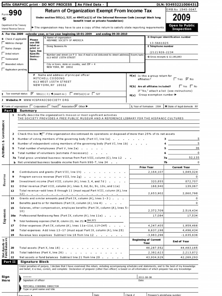 Hispanic Society of America's Tax Return
