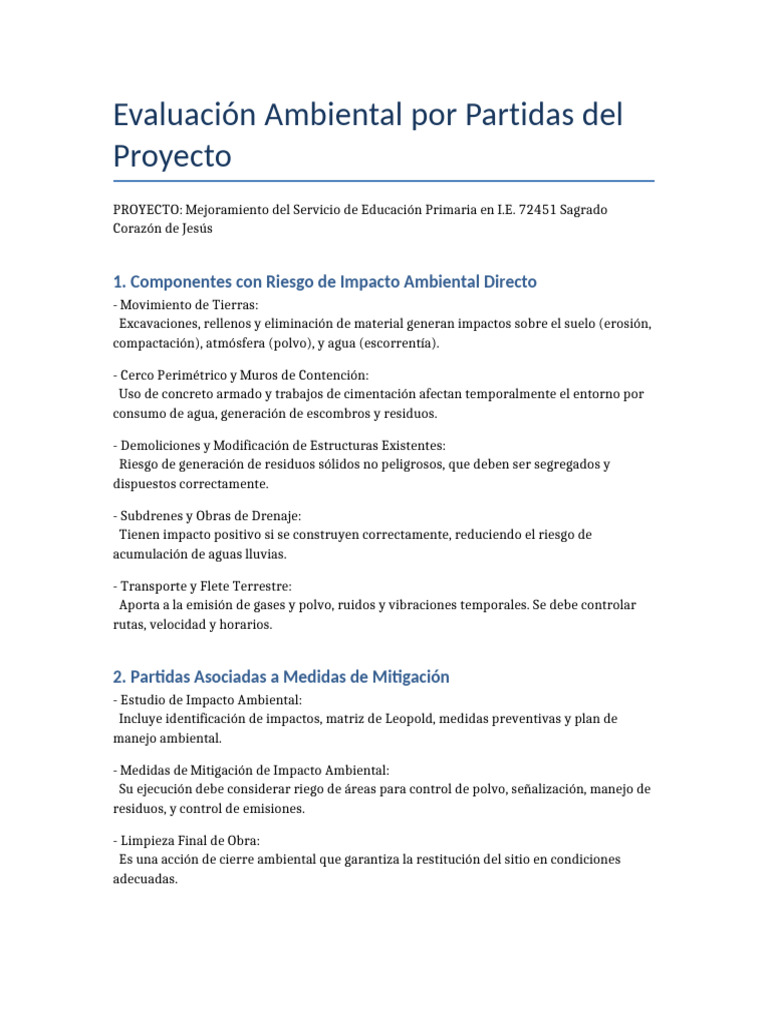 Evaluación Ambiental del Proyecto Educativo | PDF