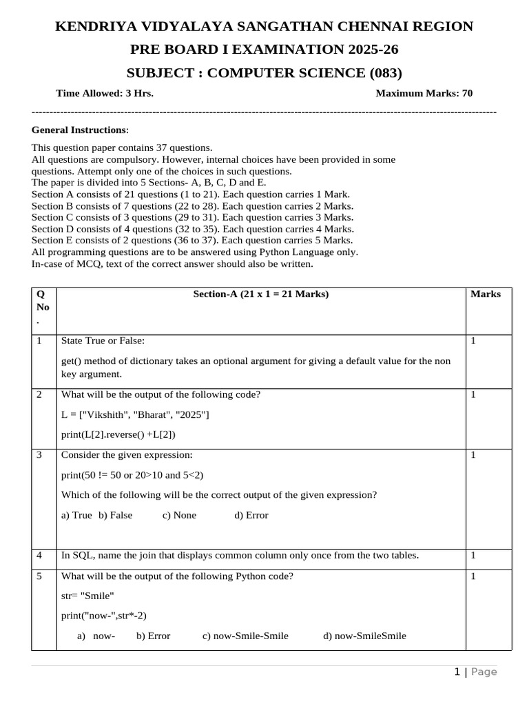 Computer Science Pre-Board Exam 2025-26 | PDF | Computer Network ...