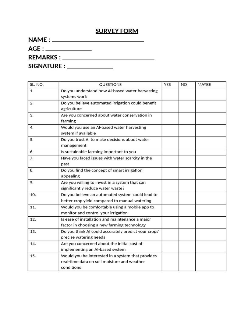 Survey Form Name: Age: Remarks: Signature | PDF