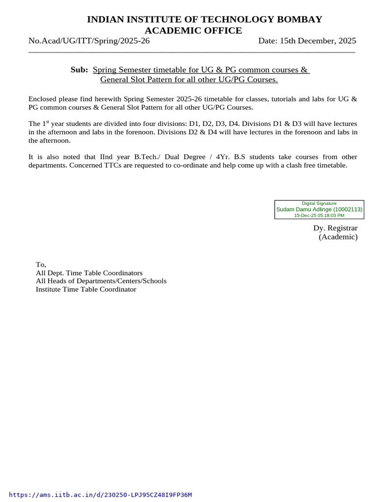 IIT Bombay Spring Semester 2025-26 Timetable | PDF | Natural Sciences ...