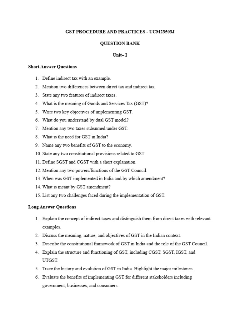 GST Procedure and Practices Question Bank | PDF | Taxes | Invoice