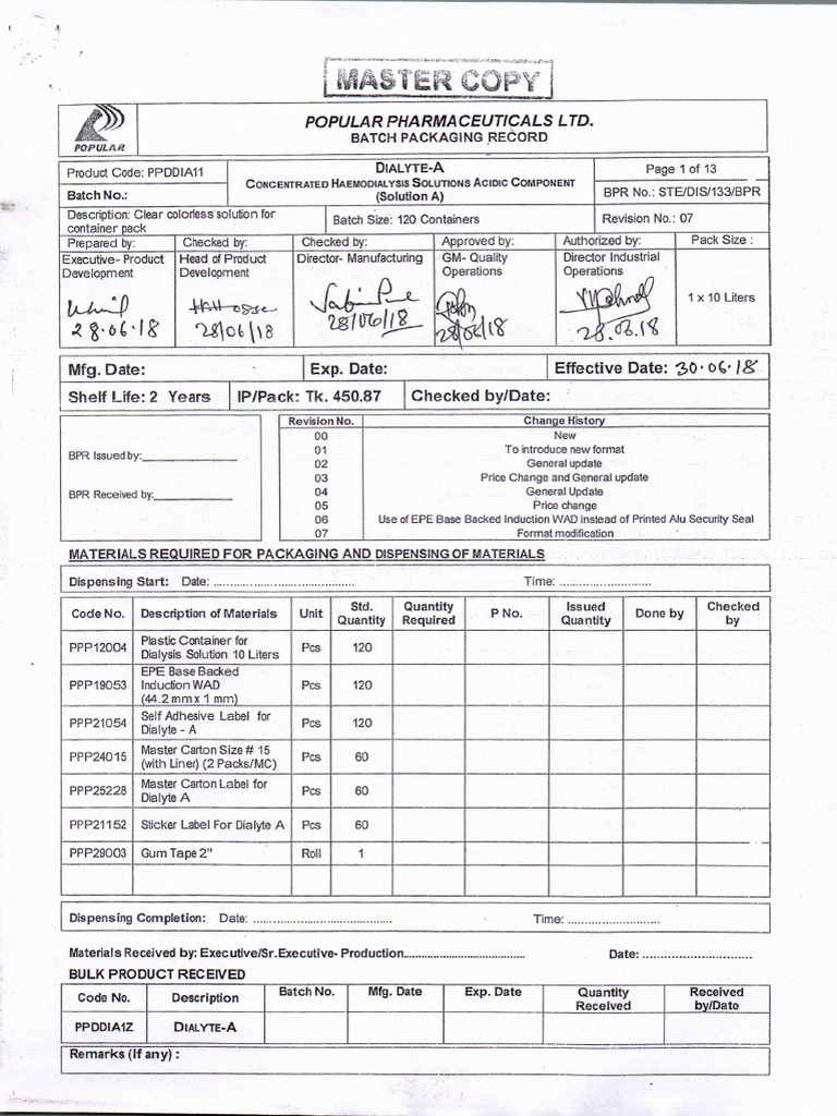 Dialyte A BMR Form | PDF