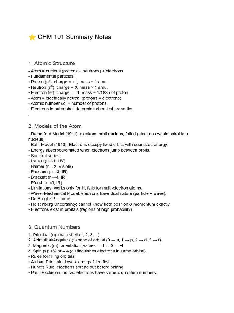 CHM 101 Atomic Structure Summary | PDF | Molecular Orbital | Electron