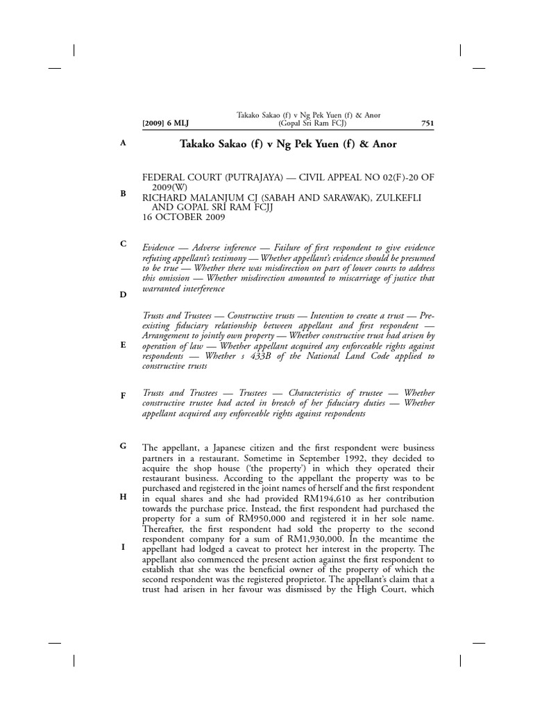 Takako Sakao v Ng Pek Yuen: Trust Dispute | PDF | Judgment (Law ...