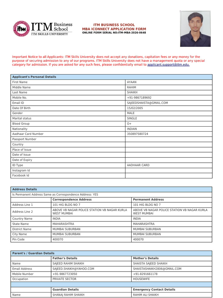 ITM MBA ICONNECT Application Form | PDF | Educational Stages