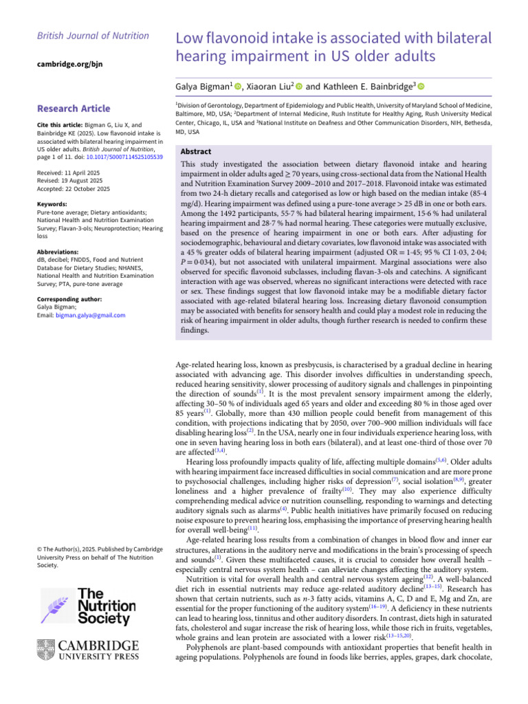 Low Flavonoid Intake Is Associated With Bilateral Hearing Impairment in ...