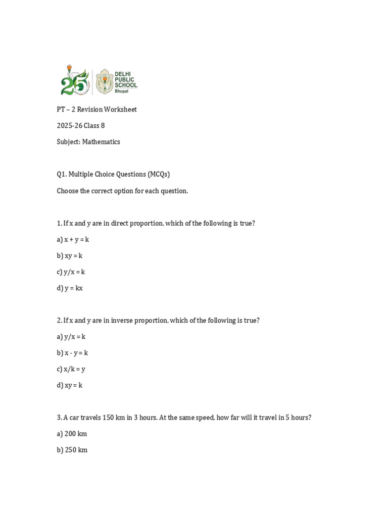 Class 8 Math Proportion Worksheet | PDF | Multiple Choice