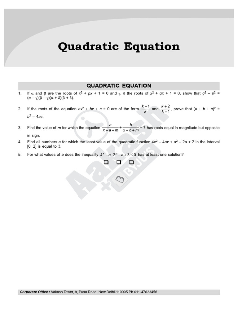 Quadratic Equation Problems and Solutions | PDF