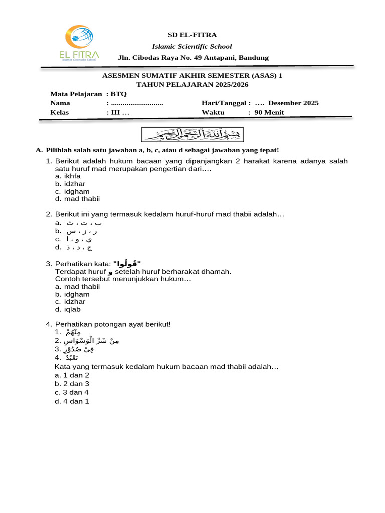 Asesmen BTQ Kelas III SD El-Fitra | PDF