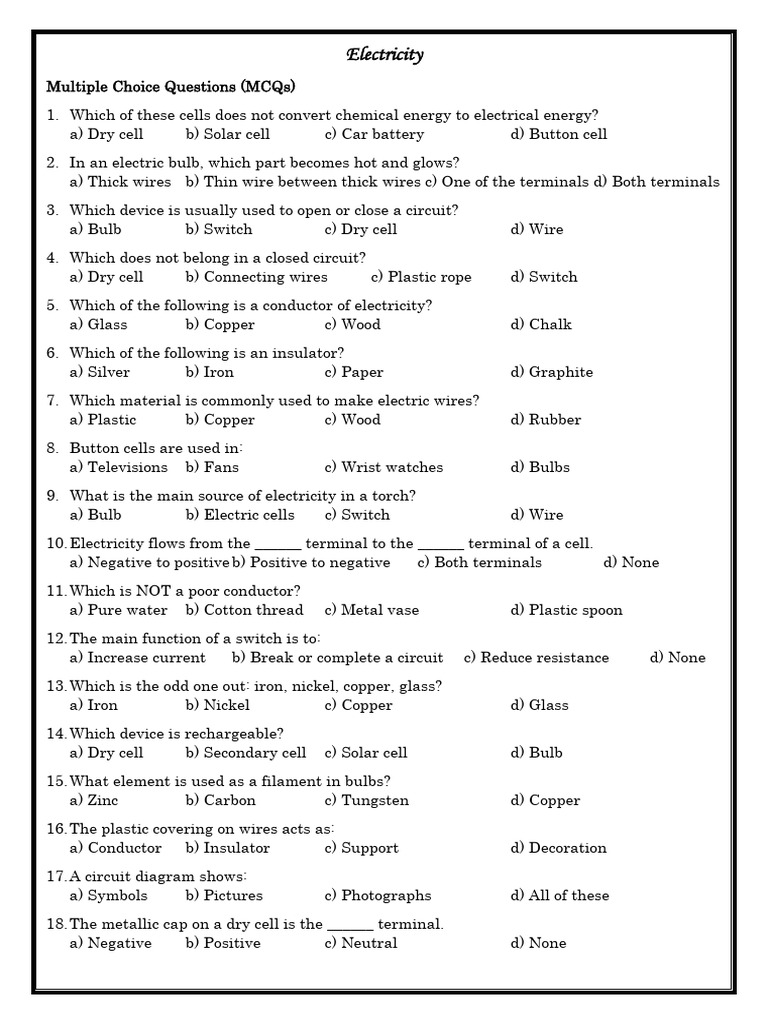 Electricity MCQs and Concepts Review | PDF | Electrical Conductor ...