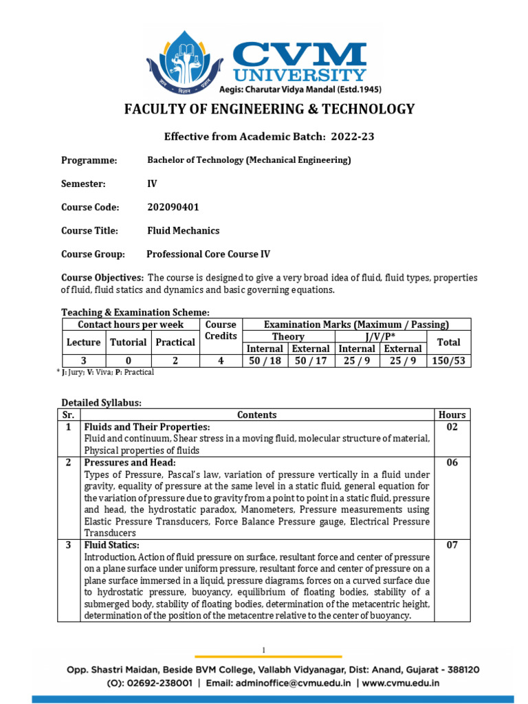 Fluid Mechanics Course Syllabus B.Tech | PDF | Fluid Dynamics | Pressure
