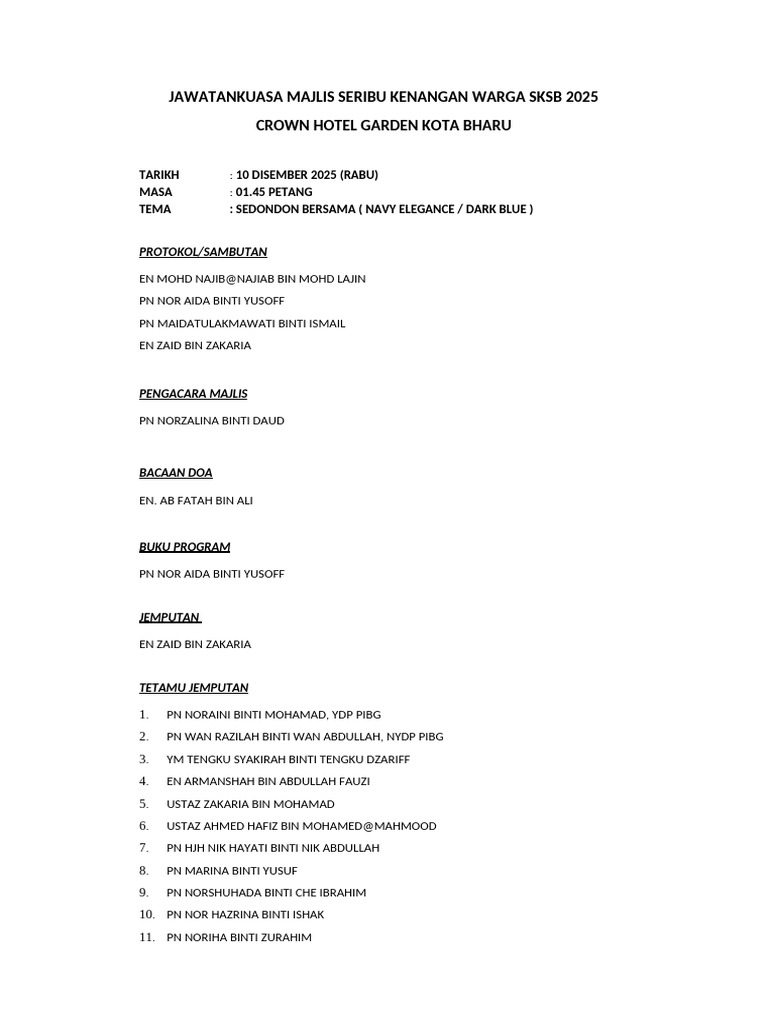 Jawatankuasa Majlis Seribu Kenangan SKSB 2025 | PDF