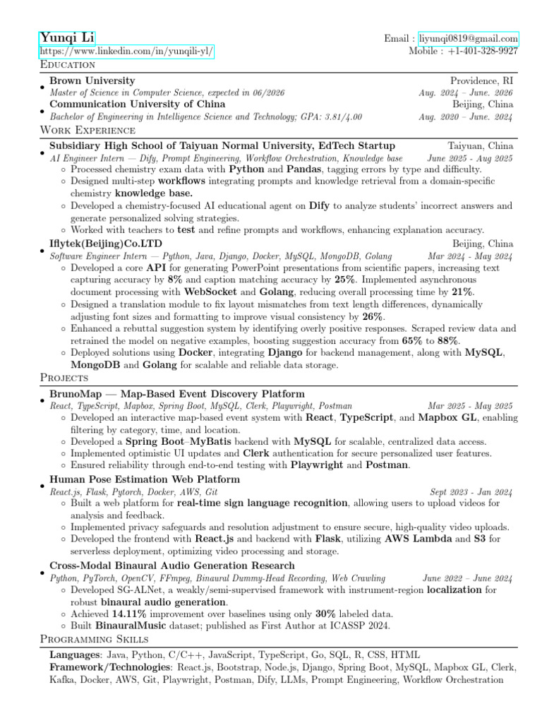 Yunqi Li - AI Engineer & Software Intern | PDF | My Sql | Artificial ...