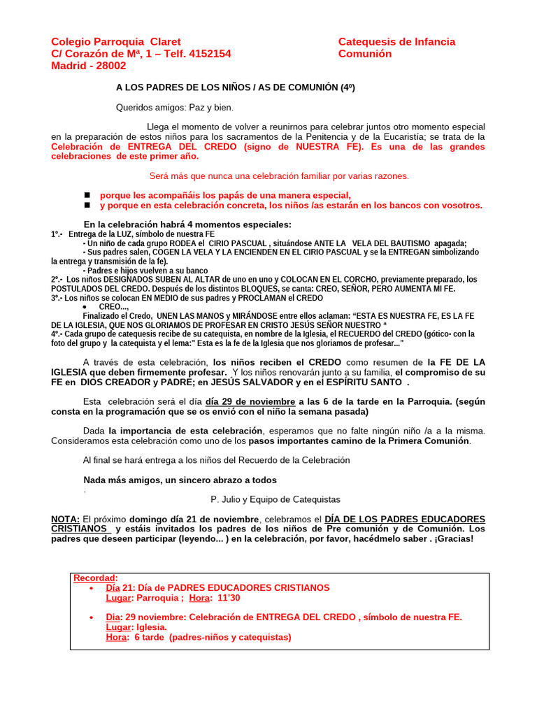 Carta-Invit Entrega Del CREDO Simbolo de Nuestra FE 2004-2005 - B | PDF ...