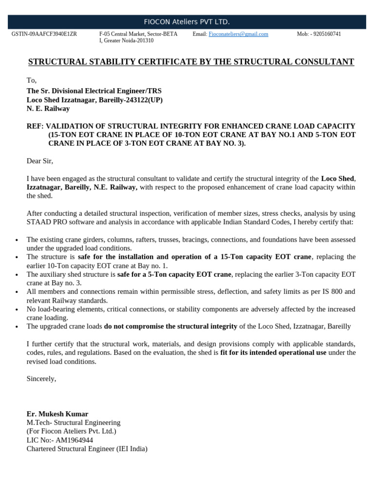 Structural Stability Certificate for Crane Upgrade | PDF