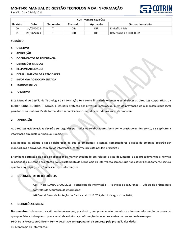 Manual de Gestão de TI da COTRIN | PDF | Tecnologia da Informação ...