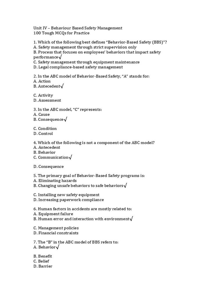 Behavior-Based Safety Management MCQs | PDF | Motivational | Motivation