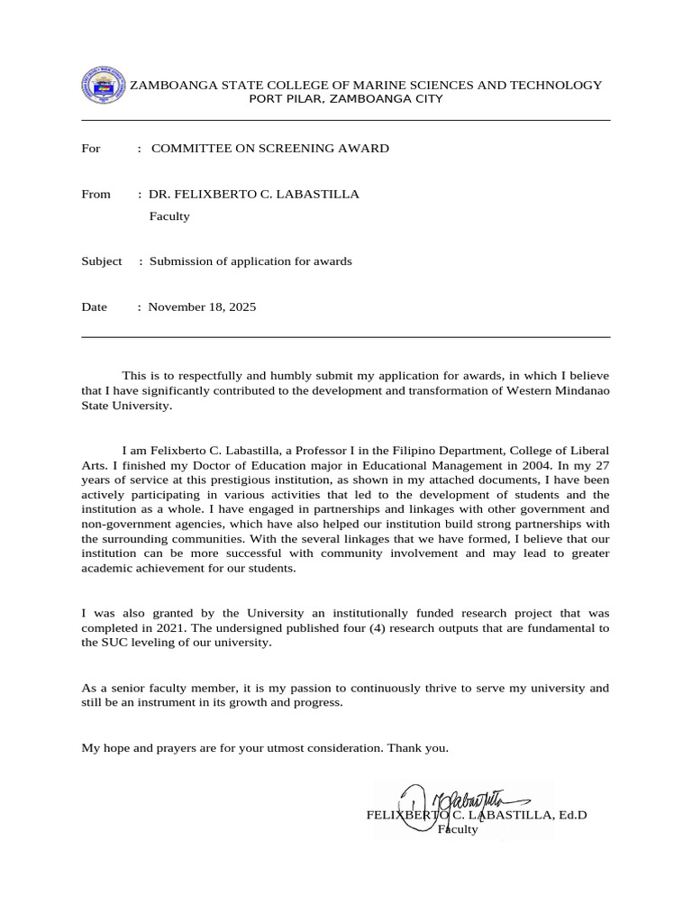 Award Application by Dr. Felixberto Labastilla | PDF