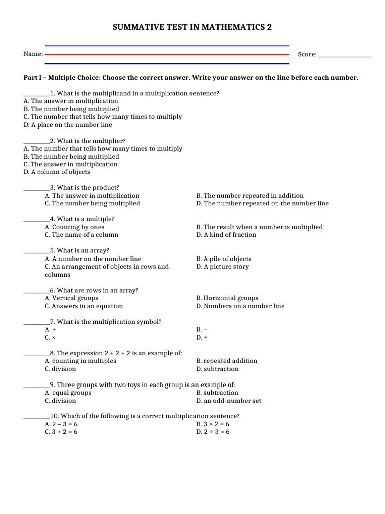 Summ - Test Mathematics 2 q3 w3 | PDF | Multiplication | Matrix ...