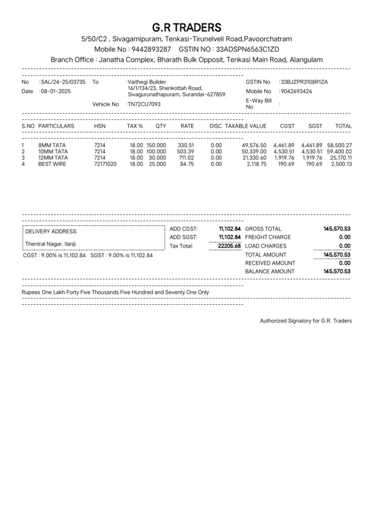 G.R. Traders Invoice to Vaithegi Builder | PDF | Taxation | Taxes