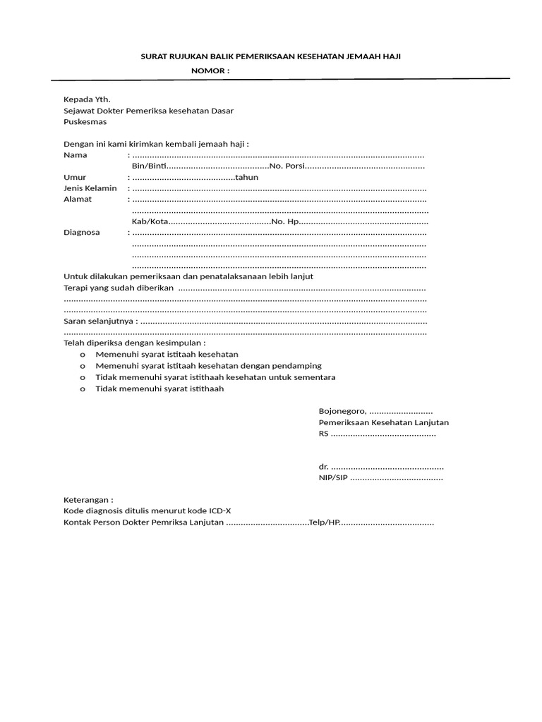 Surat Rujukan Kesehatan Jemaah Haji | PDF