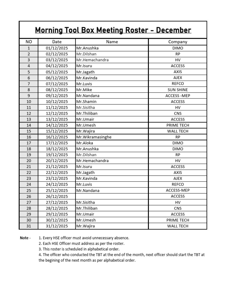 December HSE Officer Roster 2025 | PDF